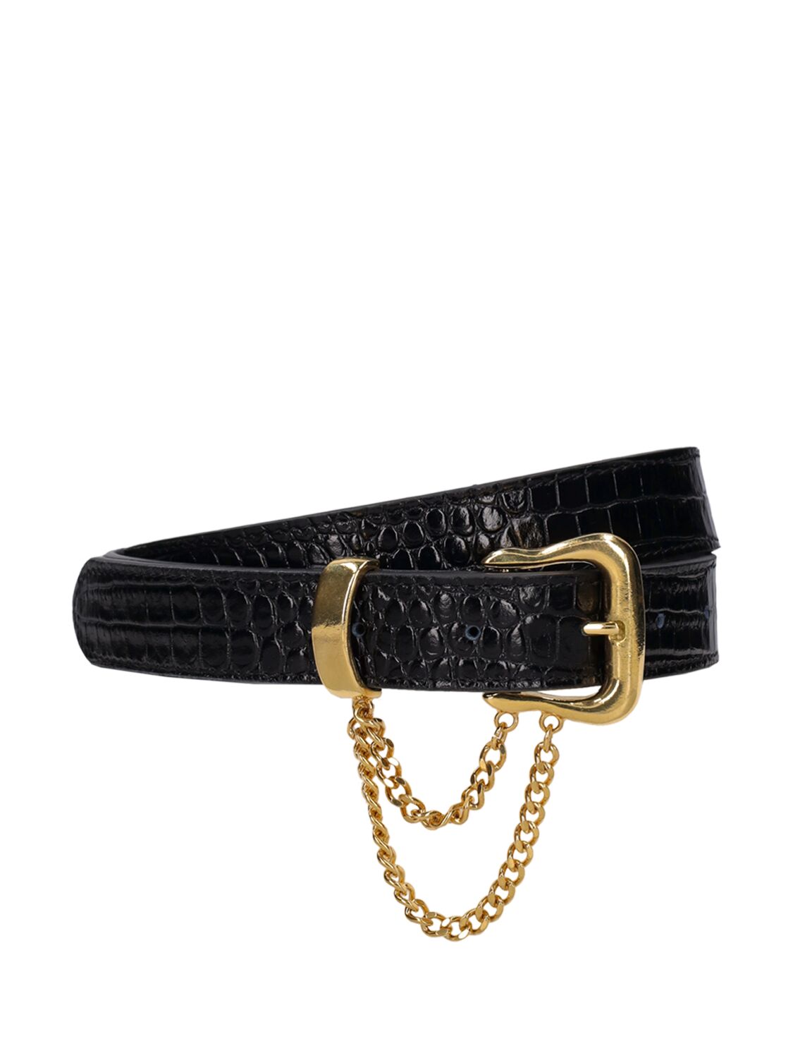 Alessandra Rich Embossed Leather Belt W/ Chain In Black,gold