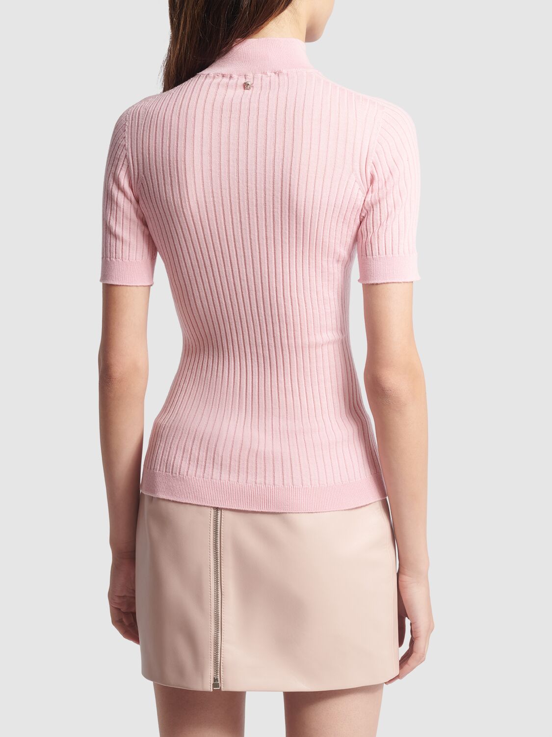 Shop Versace Short Sleeve Rib Knit Sweater In Pink