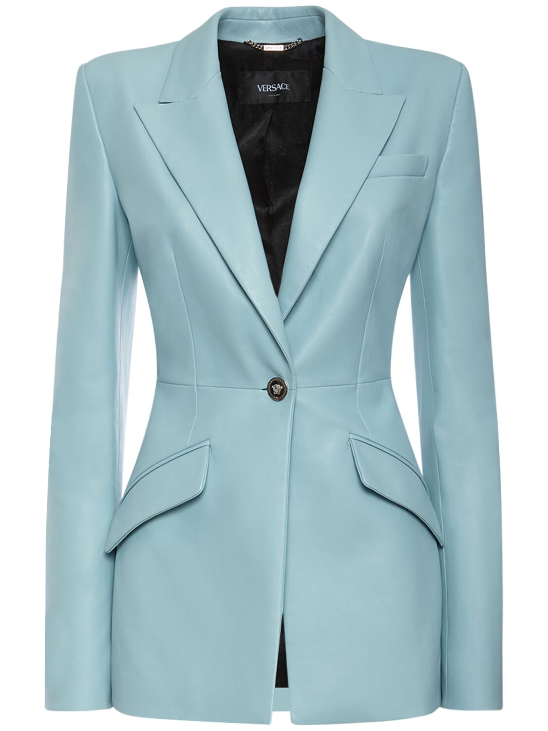 Versace Leather Single Breast Jacket In Blue