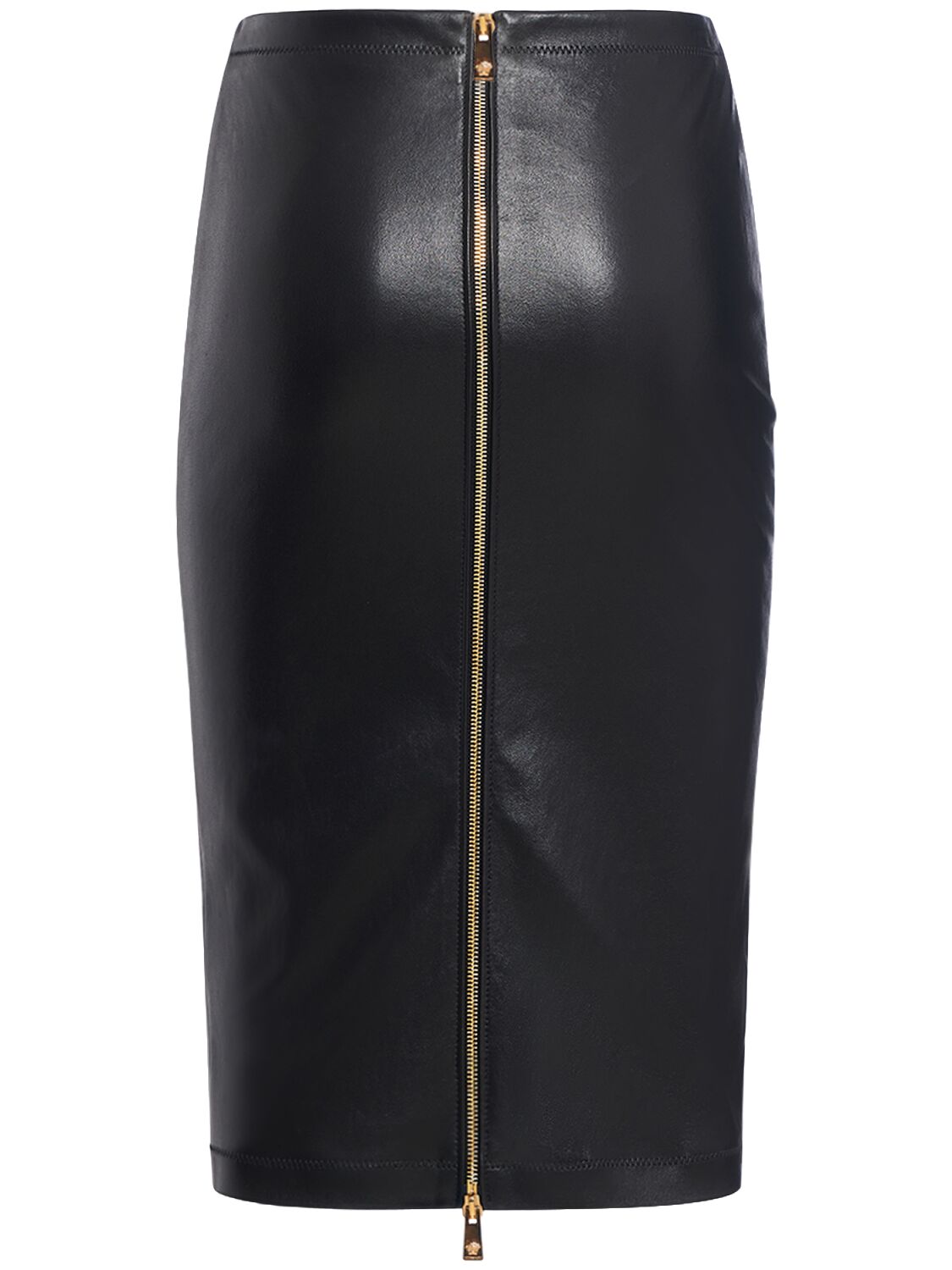 Shop Versace Shiny Stretch Leather Midi Skirt In Black