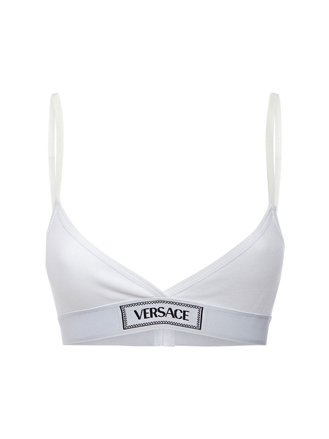 Versace Logo Ribbed Cotton Triangle Bra In White