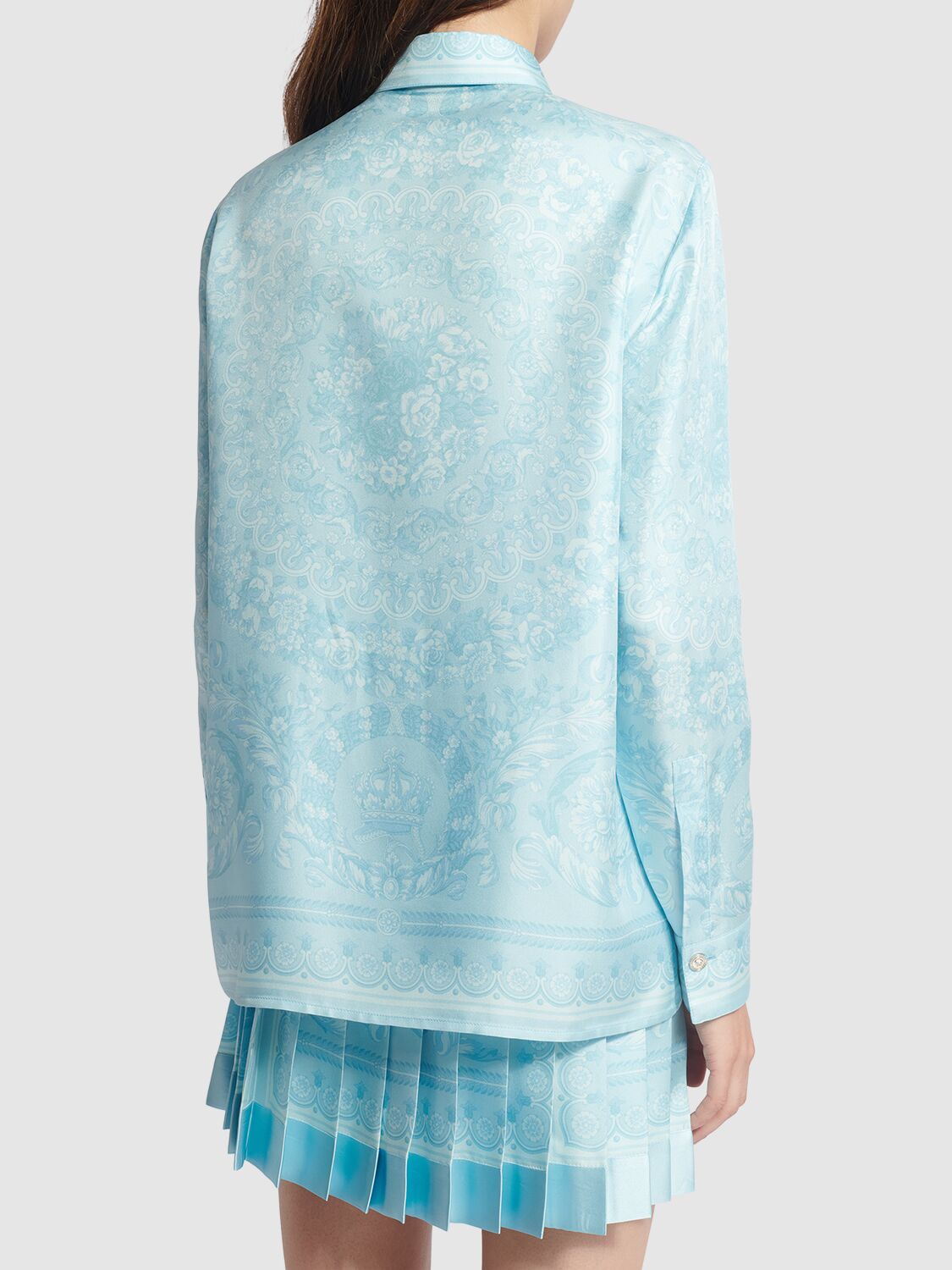 Shop Versace Barocco Print Silk Twill Formal Shirt In Light Blue
