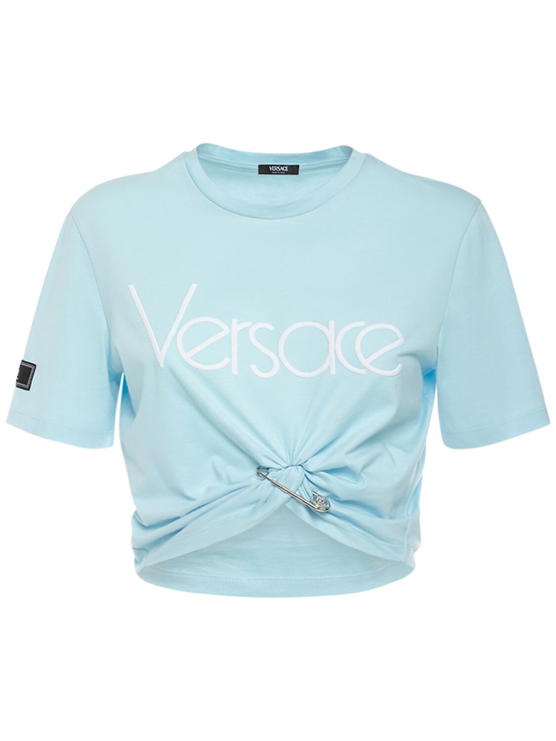 Shop Versace Logo Jersey Crop T-shirt W/knot In Light Blue
