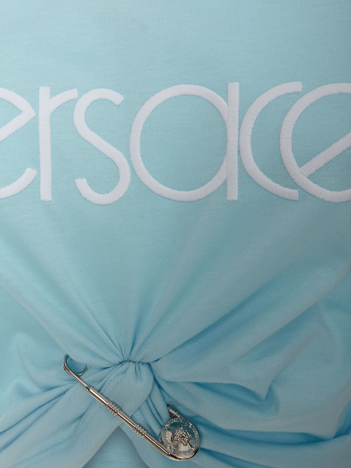 Shop Versace Logo Jersey Crop T-shirt W/knot In Light Blue