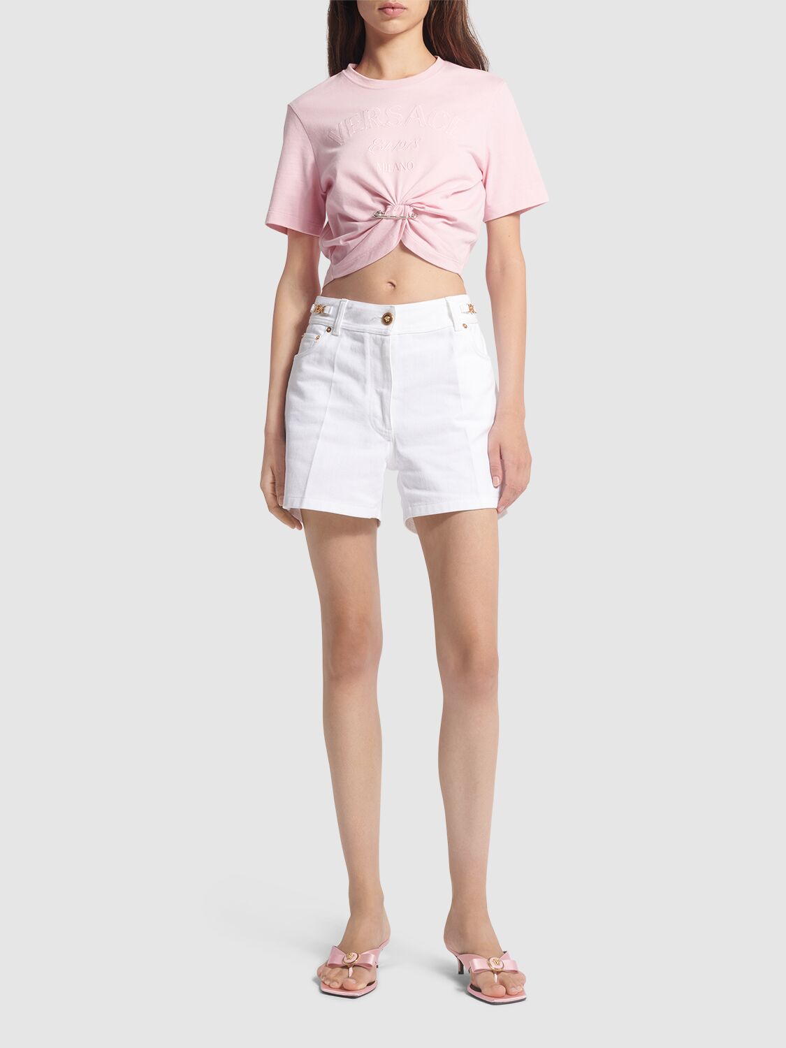 Shop Versace Logo Jersey Crop T-shirt W/safety Pin In Pink