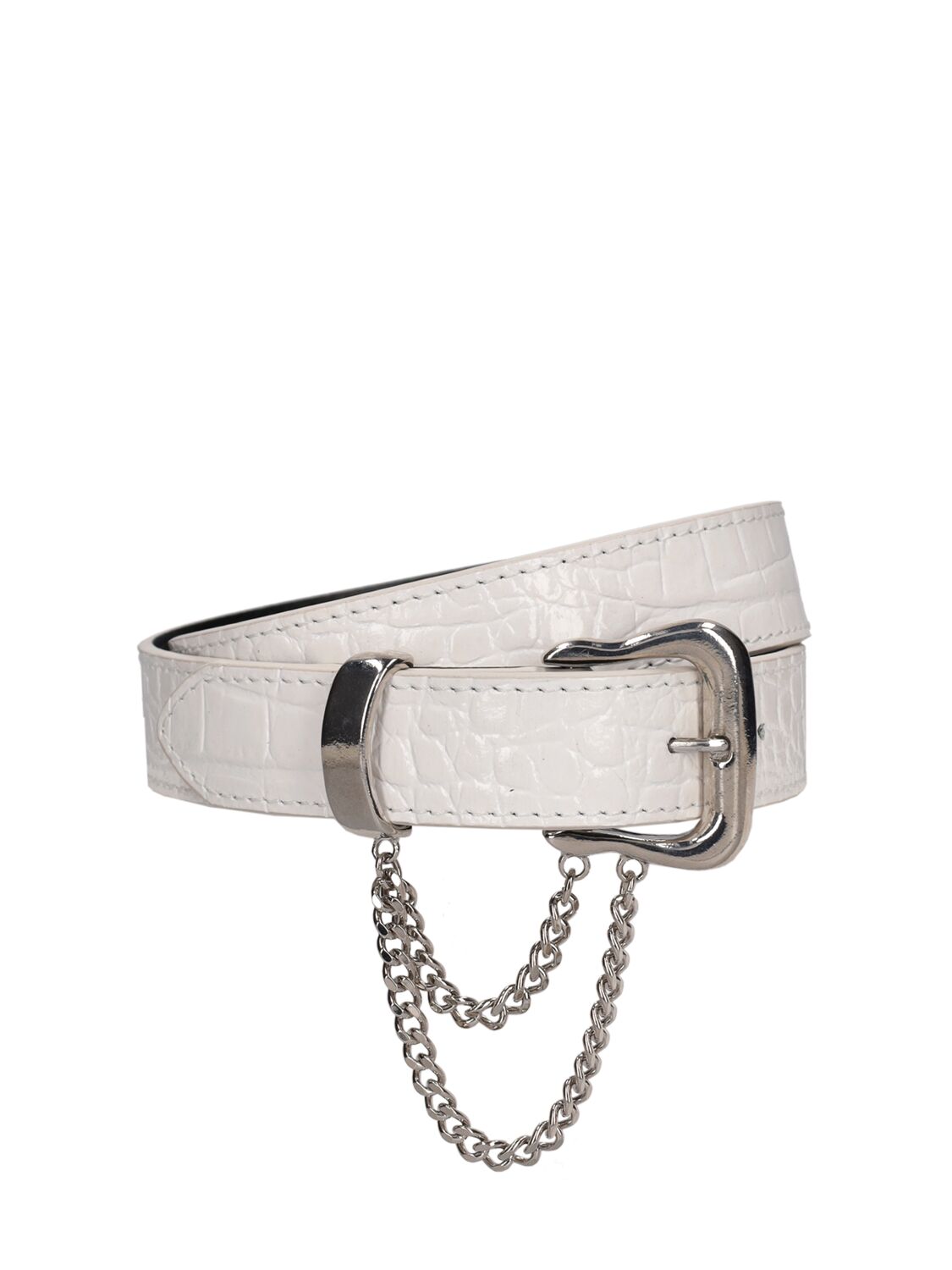 Alessandra Rich Embossed Leather Belt W/ Chain In White,silver