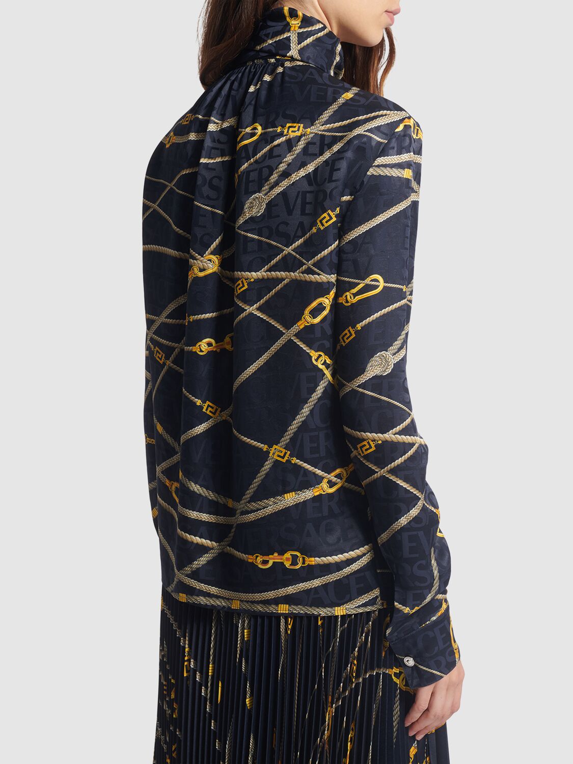 Shop Versace Printed Silk Blend Jacquard Shirt In Navy,multi