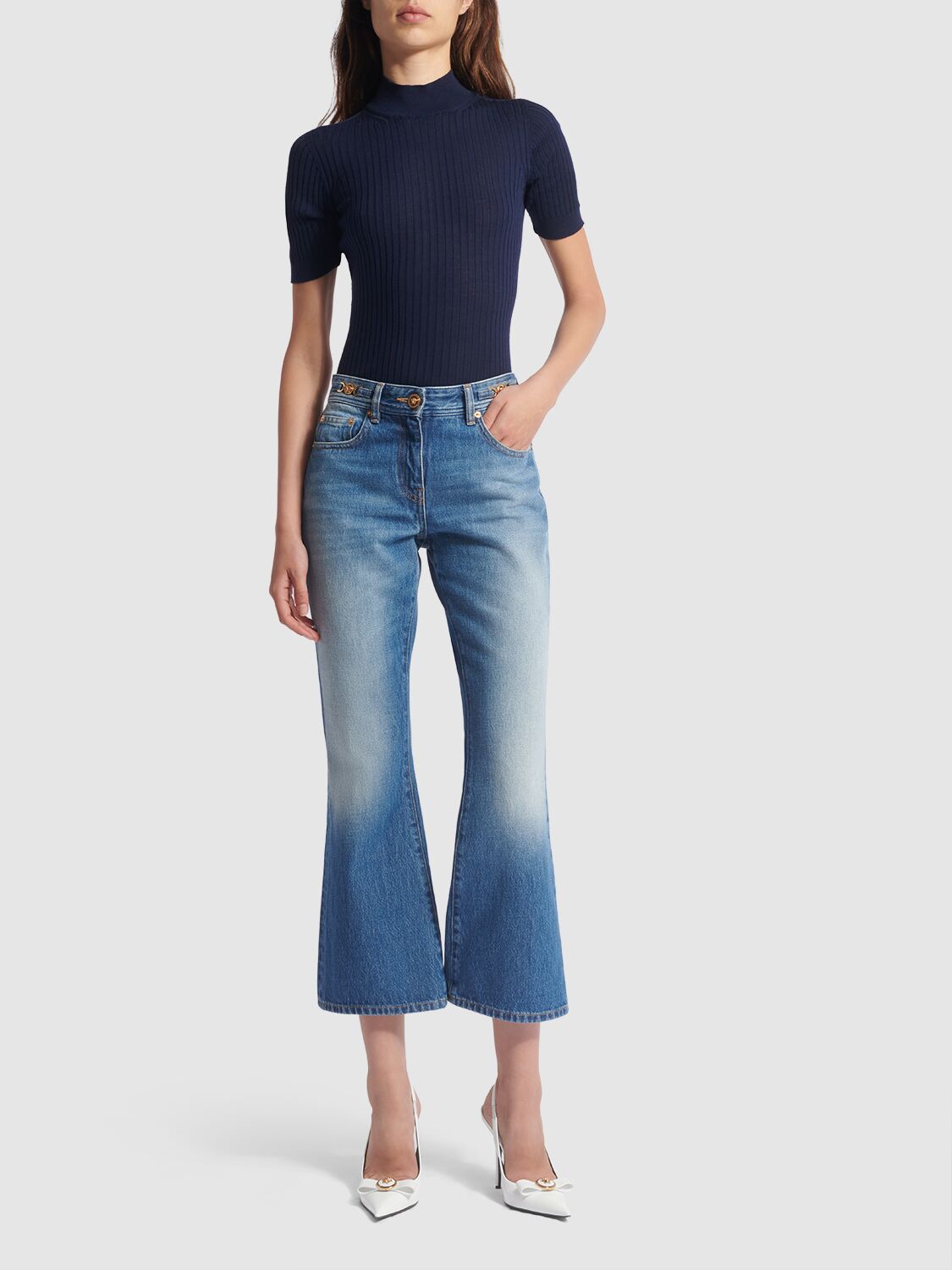 Shop Versace Denim Flared Jeans In Blue