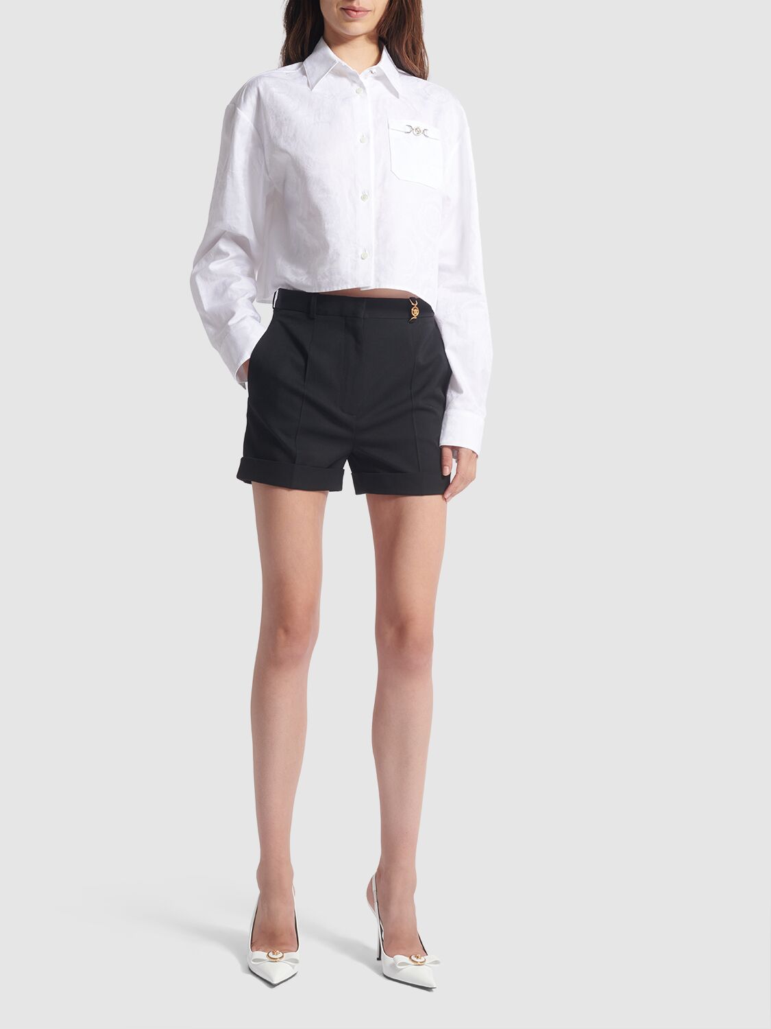Shop Versace Stretch Wool Shorts In Black
