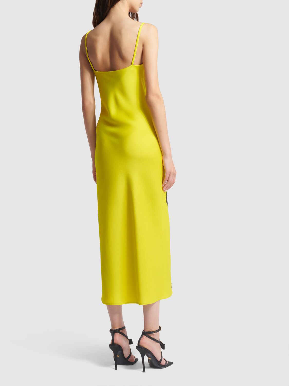 Shop Versace Satin & Lace Midi Dress In Yellow