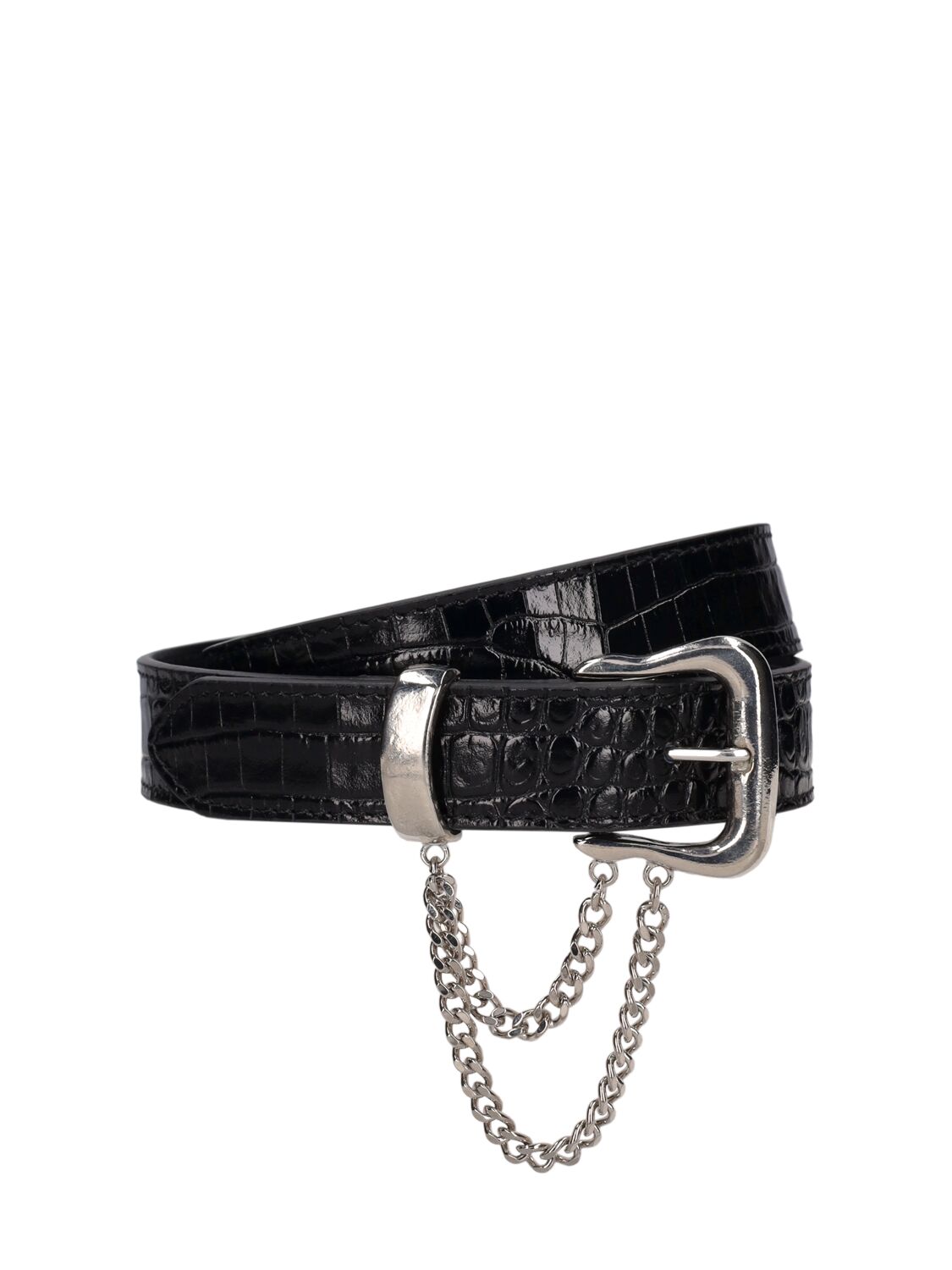 Alessandra Rich Embossed Leather Belt W/ Chain In Black,silver