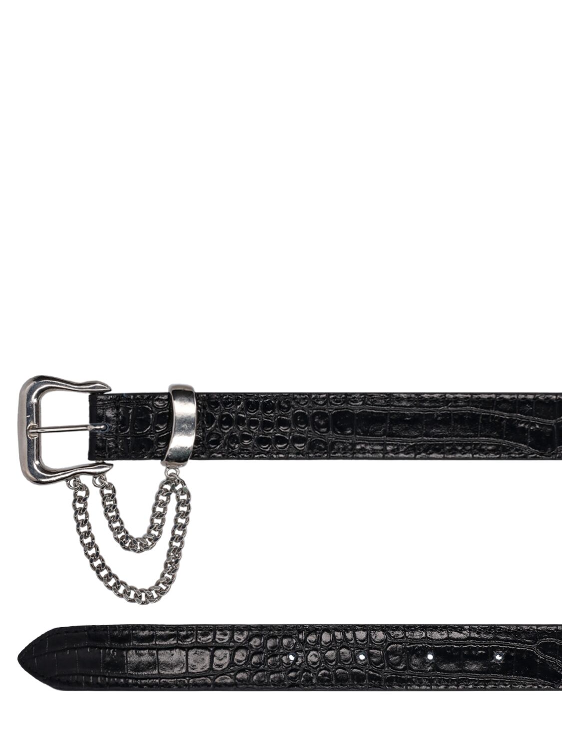 Shop Alessandra Rich Embossed Leather Belt W/ Chain In Black,silver
