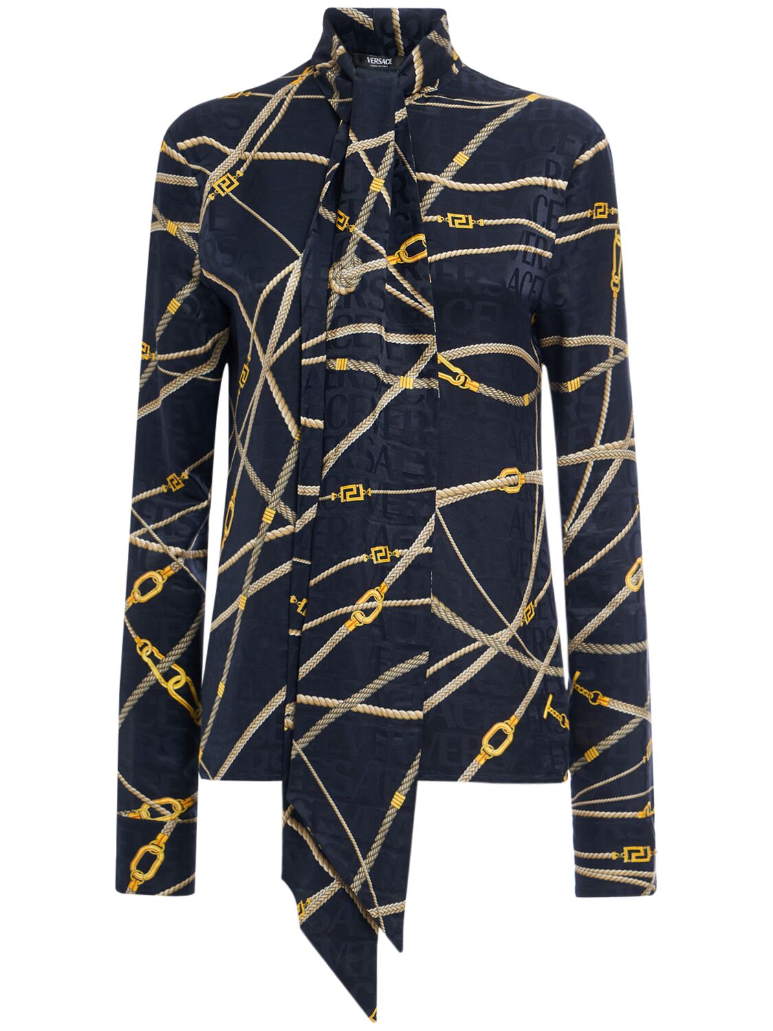 Versace Printed Silk Blend Jacquard Shirt In Navy,multi