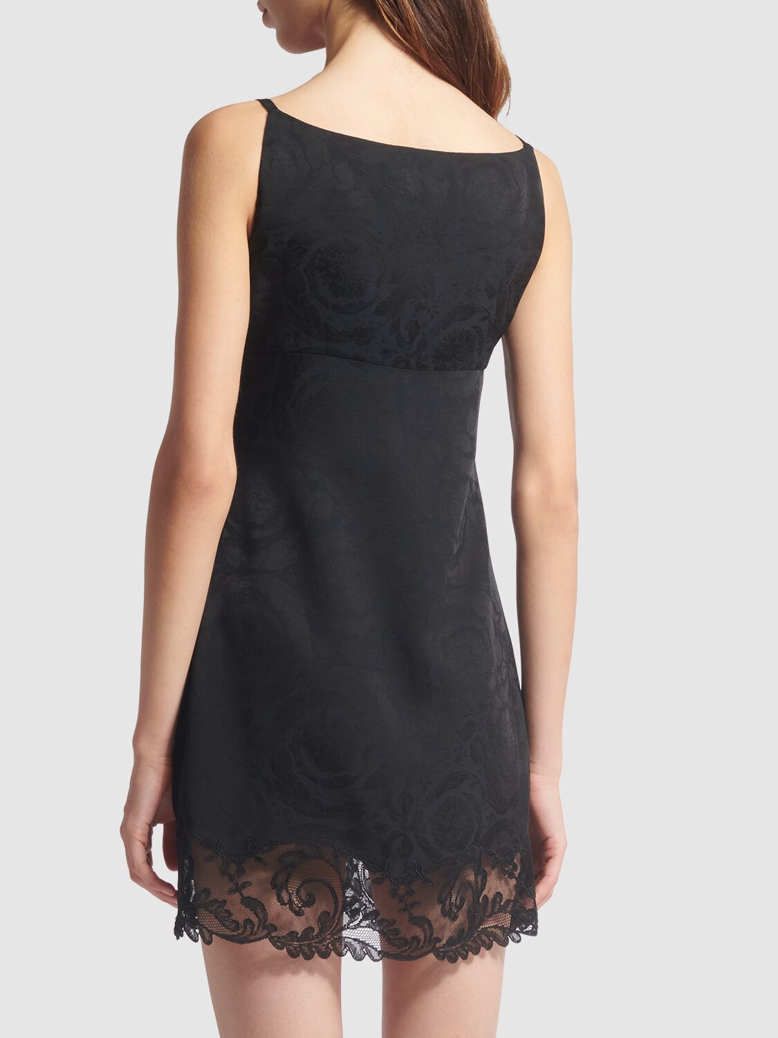 Shop Versace Draped Satin & Lace Mini Dress In Black