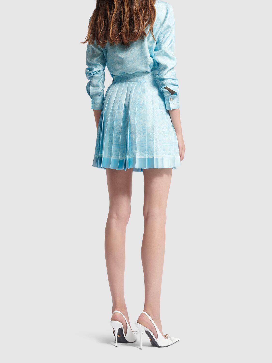 Shop Versace Barocco Print Pleated Silk Mini Skirt In Light Blue