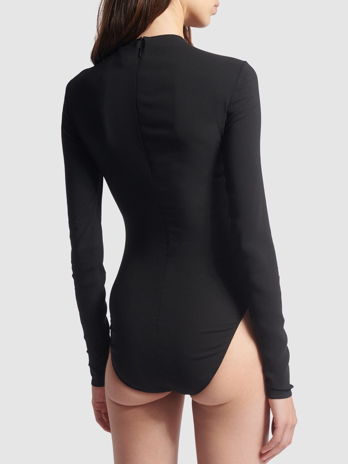Shop Versace Georgette Long Sleeved Corset Bodysuit In Black