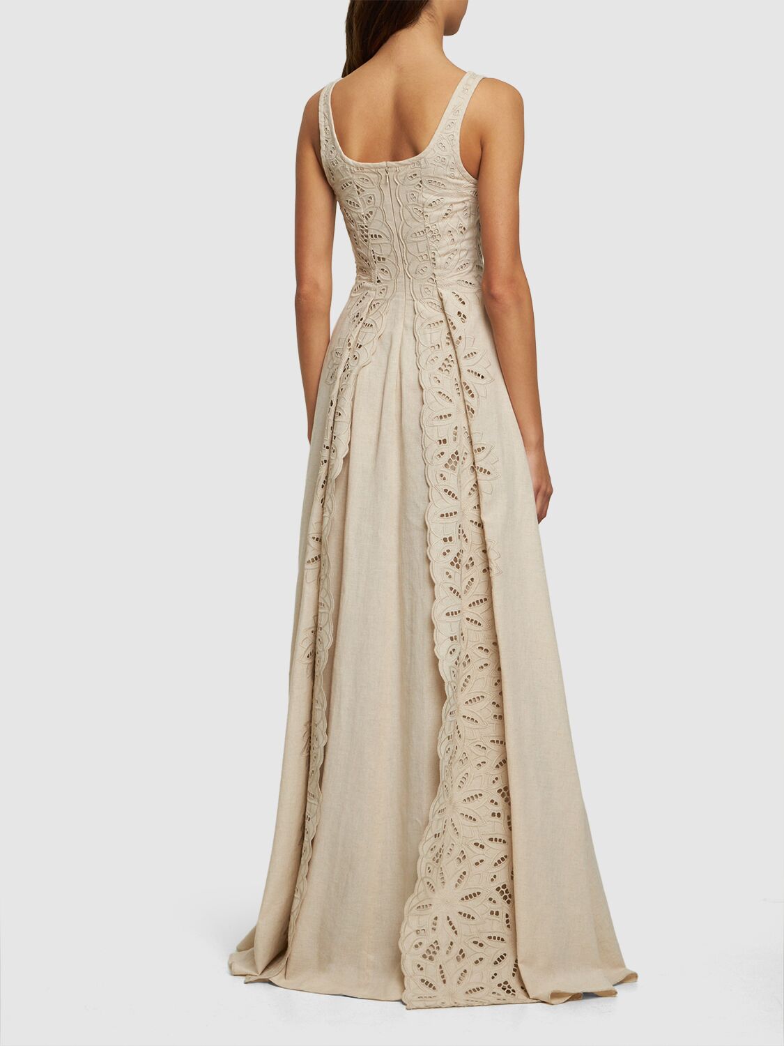Shop Alberta Ferretti Embroidered Linen Blend Long Dress In Light Beige