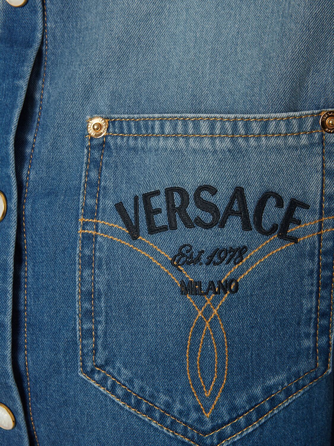 Shop Versace Logo Cropped Denim Overshirt In Blue
