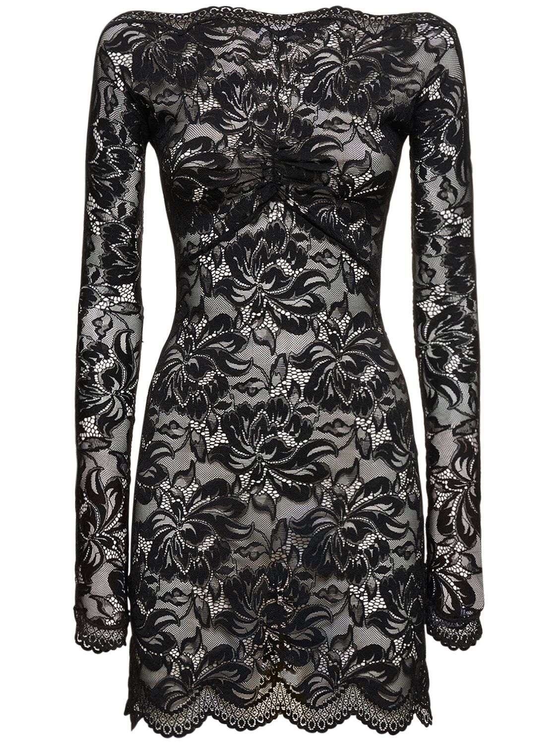 Shop Rabanne Off-the-shoulder Lace L/s Mini Dress In Black