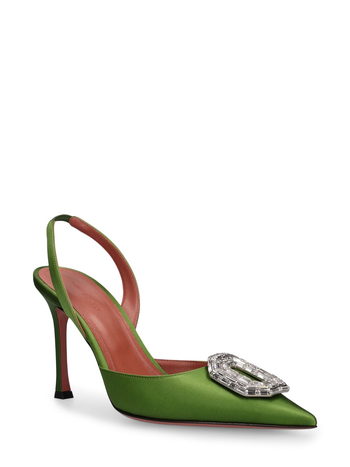 Shop Amina Muaddi 90mm Camelia Satin Slingbacks In Green