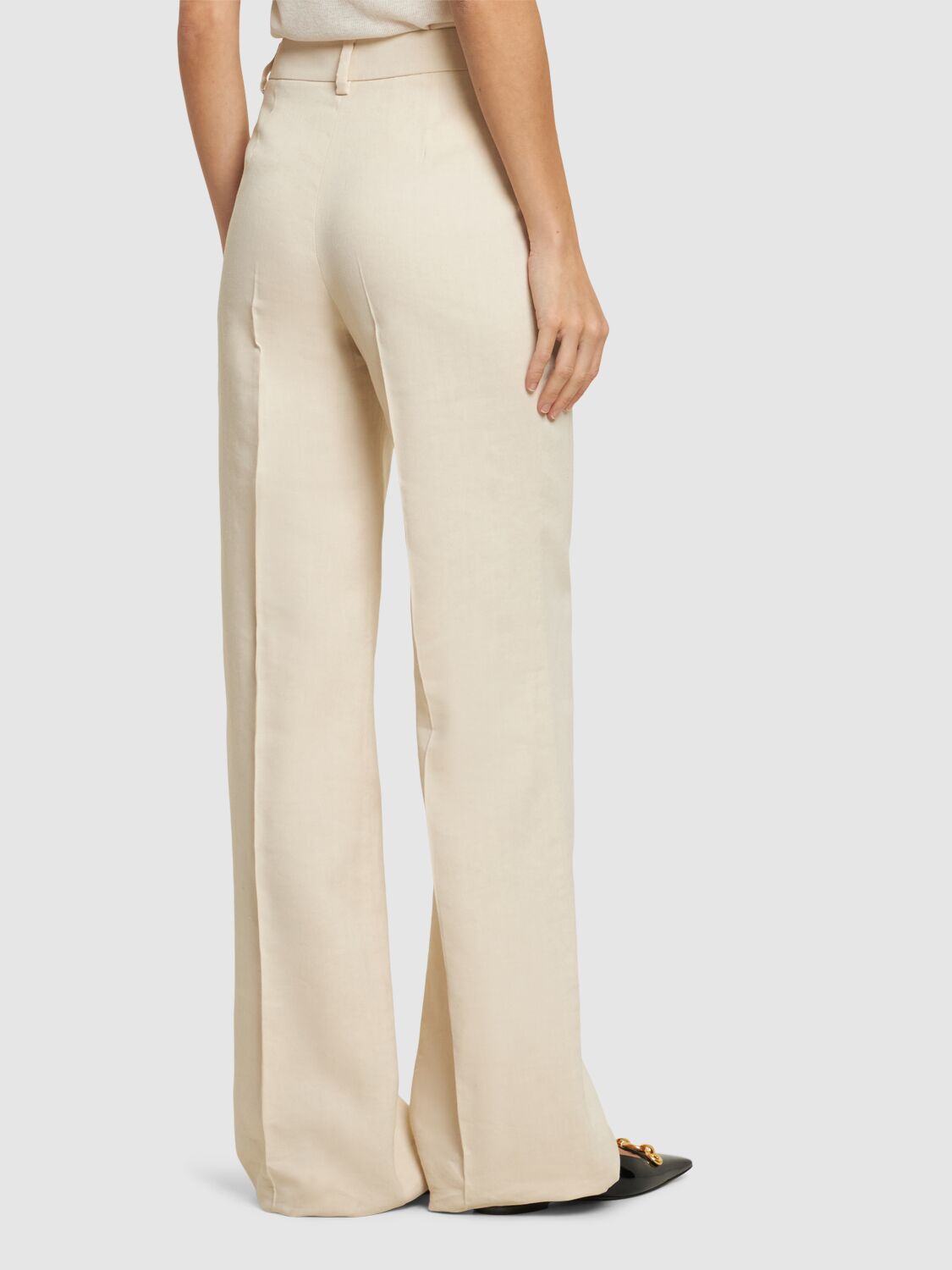 Shop Alberta Ferretti Viscose & Linen Twill Flared Pants In Ivory