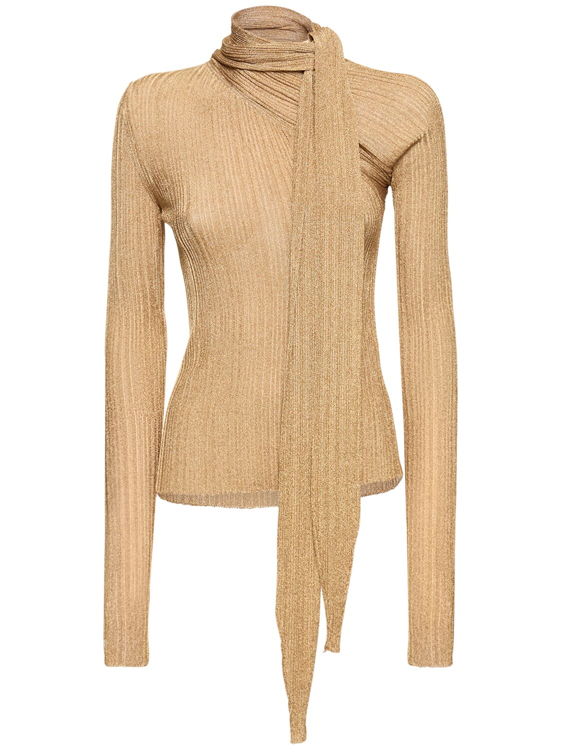 Rabanne Pleated Lurex Long Sleeve Top W/ Scarf In Gold