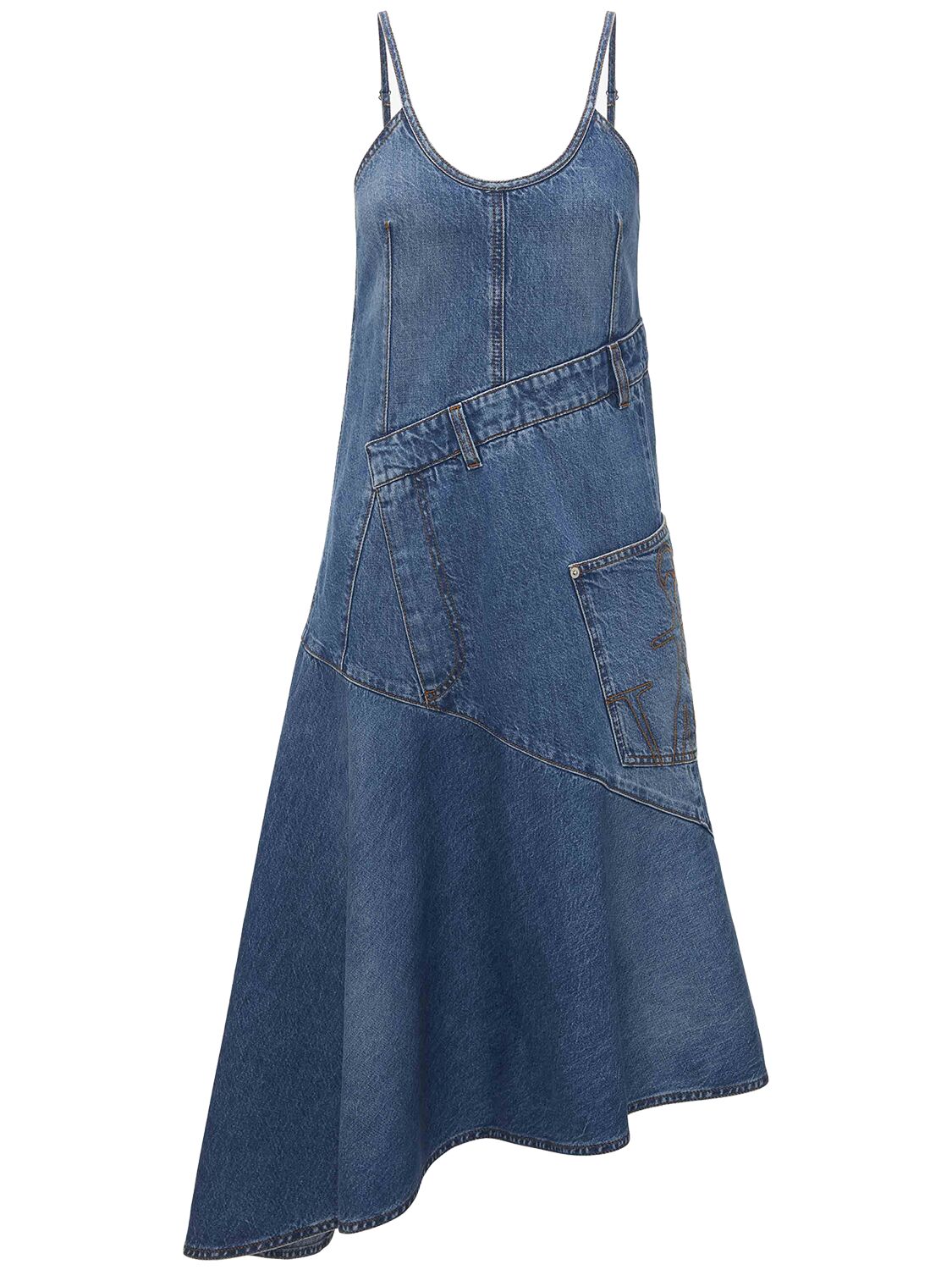 Shop Jw Anderson Asymmetric Flared Denim Midi Dress In Light Blue