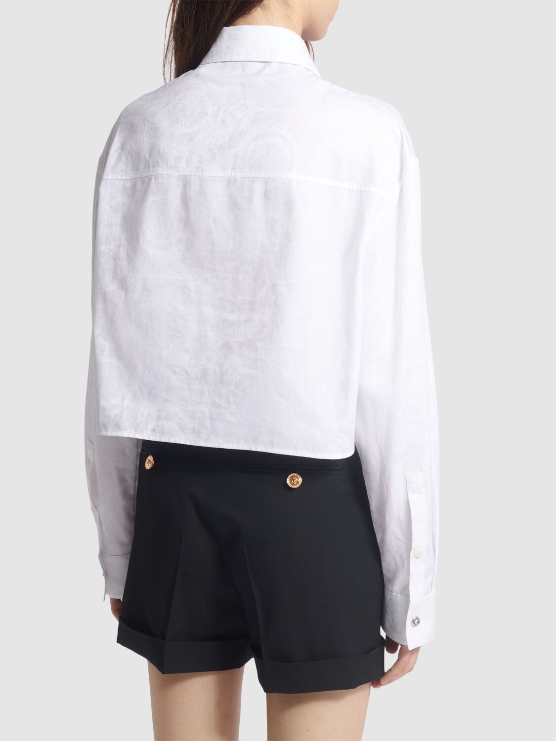 Shop Versace Barocco Cotton Poplin Crop Shirt In White