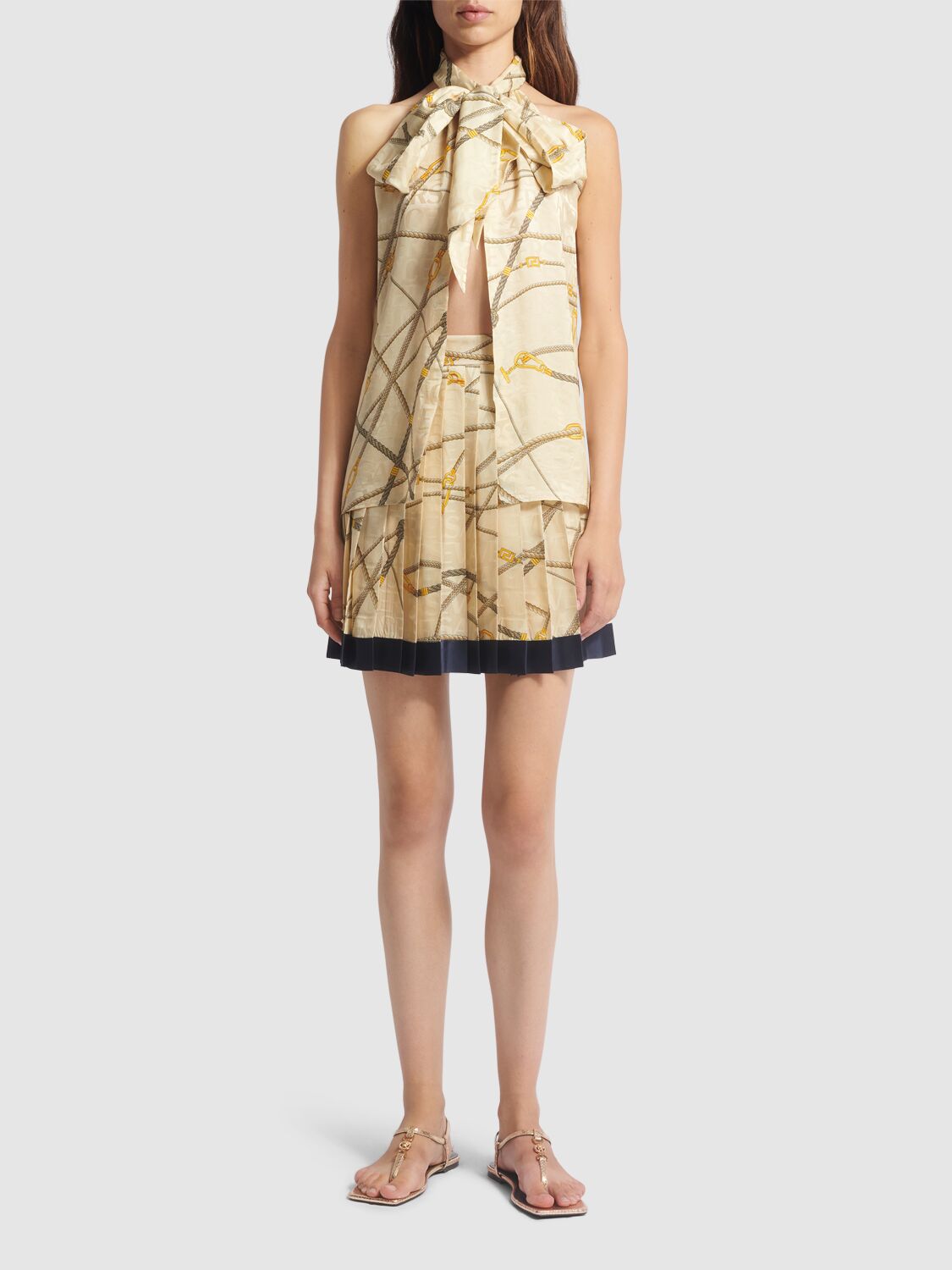 Shop Versace Silk Blend Jacquard Sleeveless Top In Multi,beige