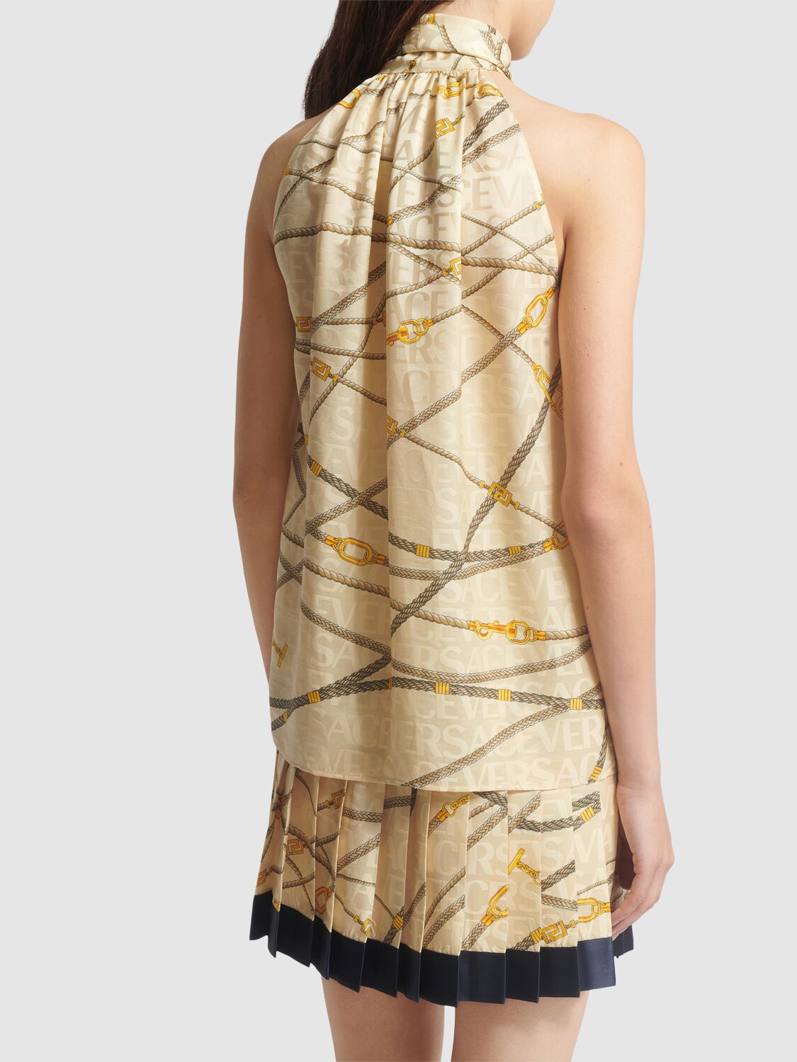 Shop Versace Silk Blend Jacquard Sleeveless Top In Multi,beige