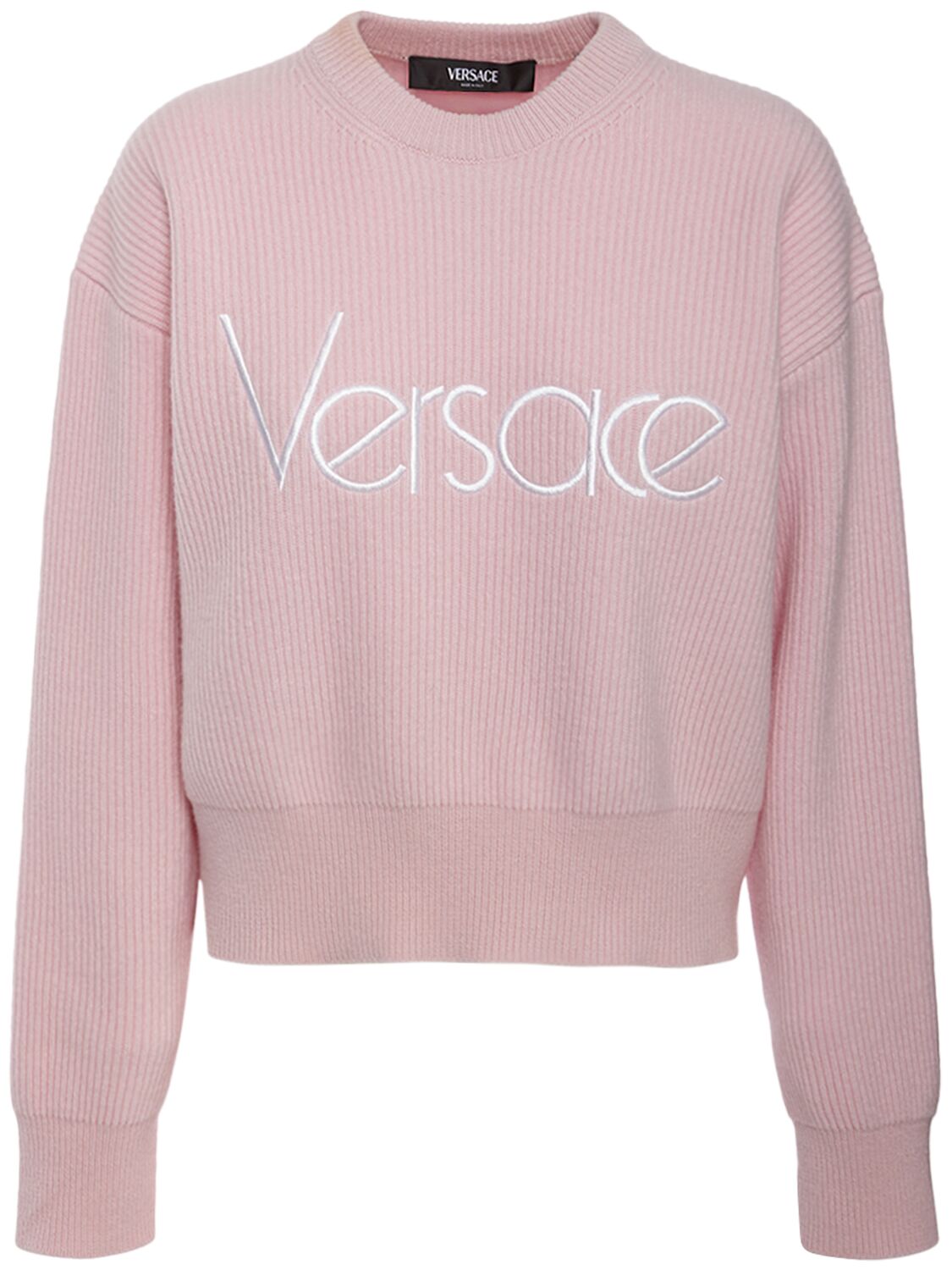 Versace Logo Rib Knit Crewneck Sweater In Pink