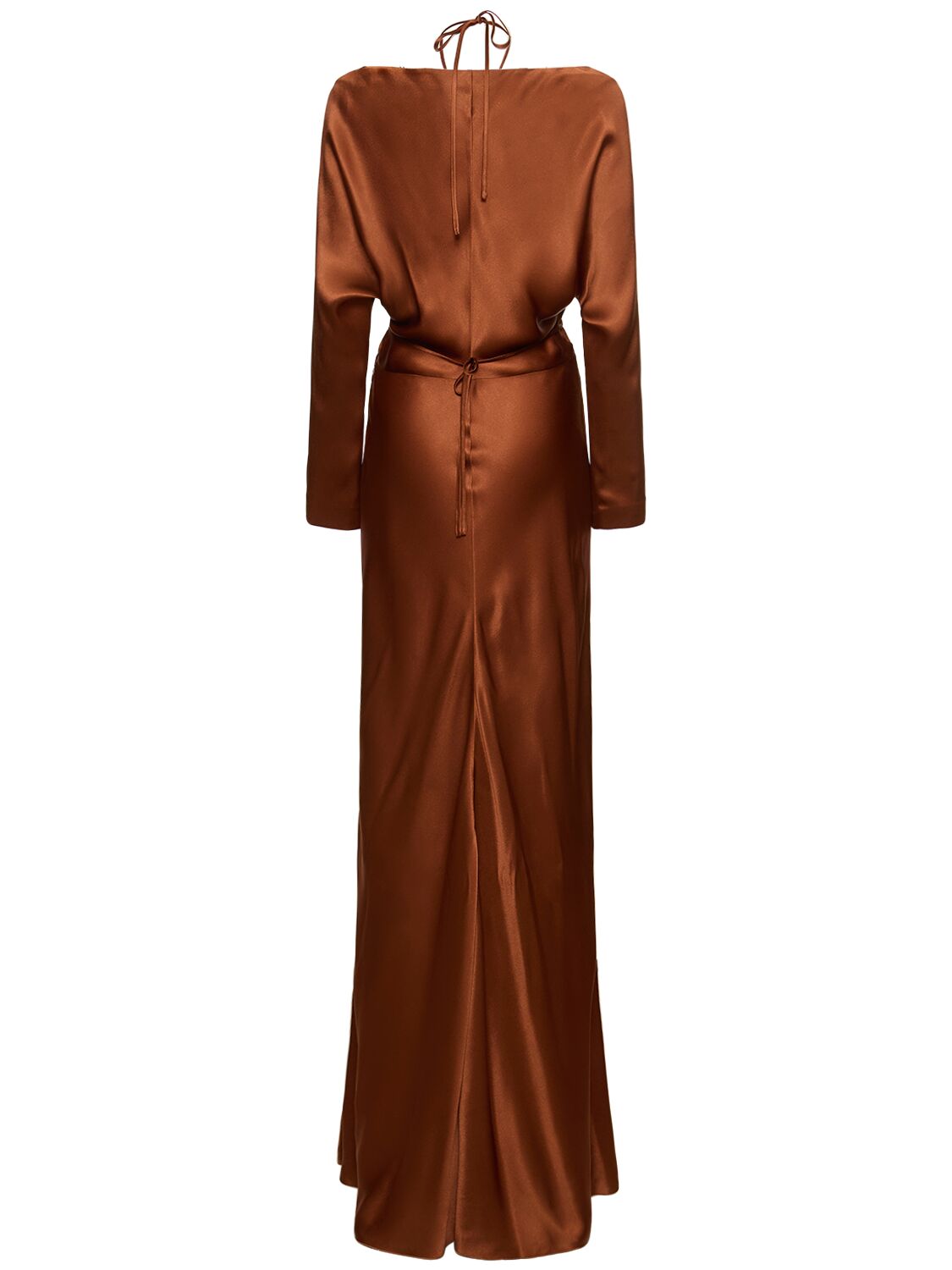 Shop Alberta Ferretti Cut Out Draped Satin L/s Long Dress In Bronze