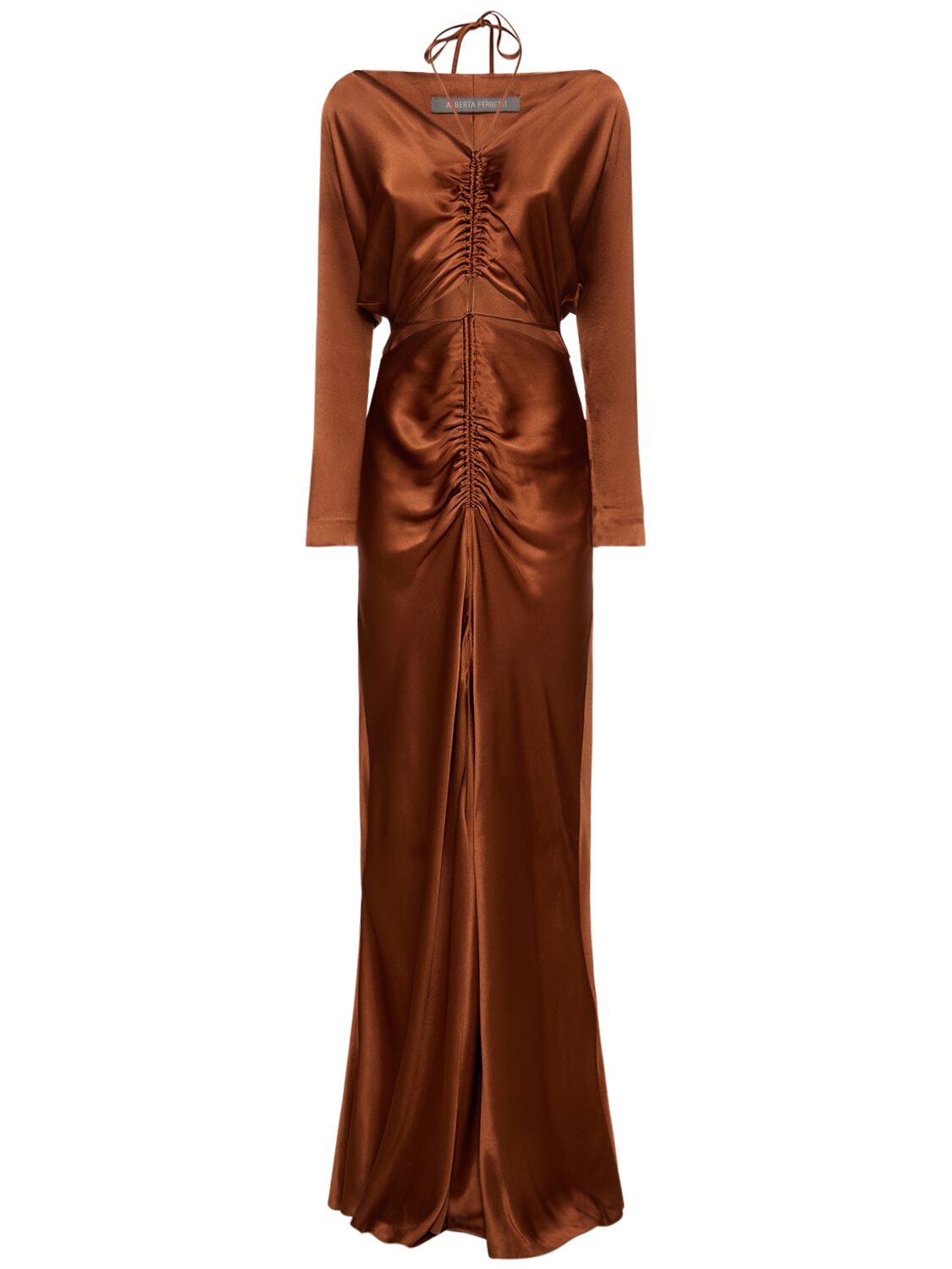 Shop Alberta Ferretti Cut Out Draped Satin L/s Long Dress In Bronze