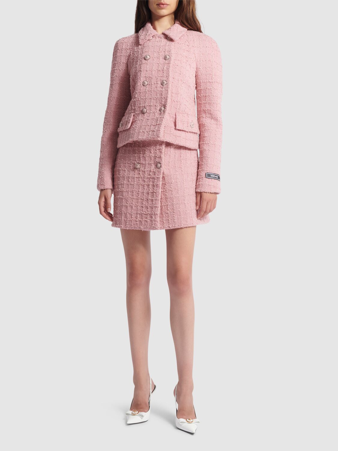 Shop Versace Double Breast Tweed Jacket In Pink