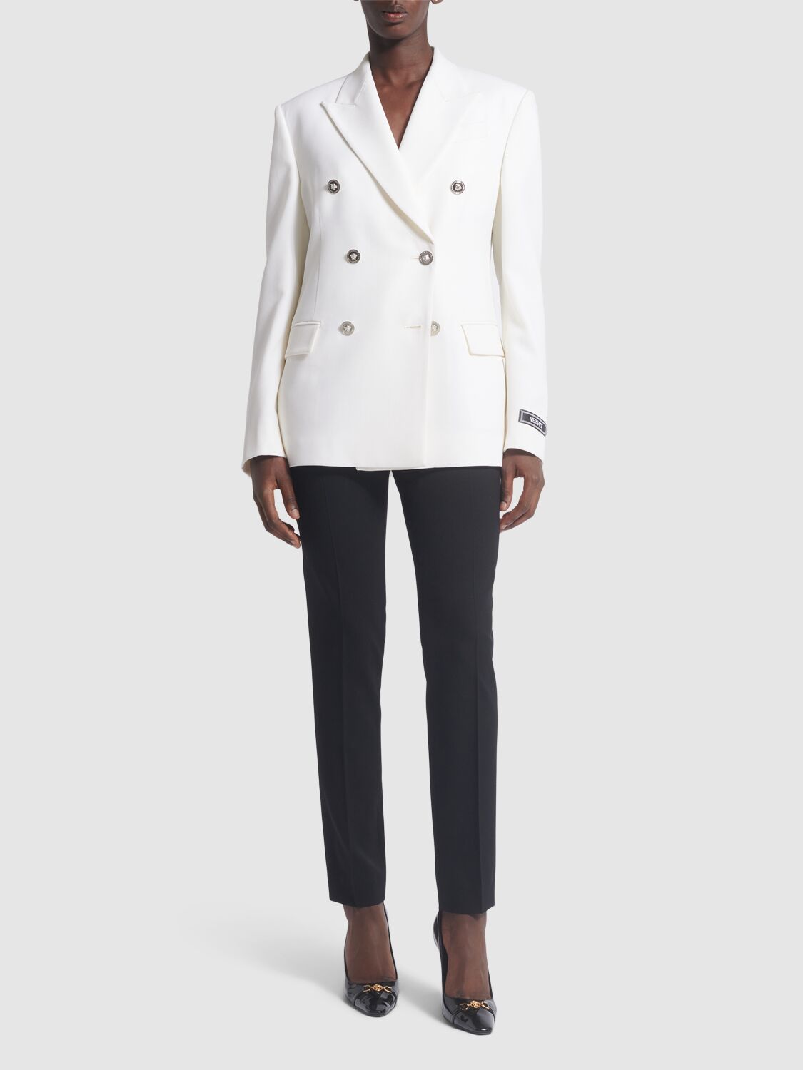 Shop Versace Double Breast Stretch Wool Jacket In Ivory