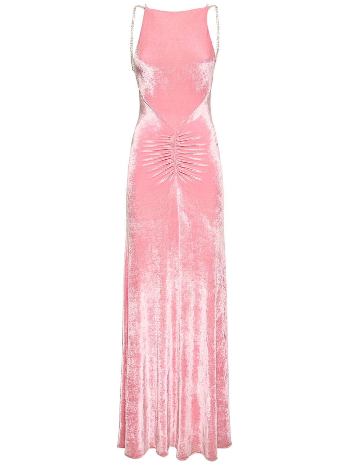 Rabanne Embellished Velvet Draped Long Dress In Pink