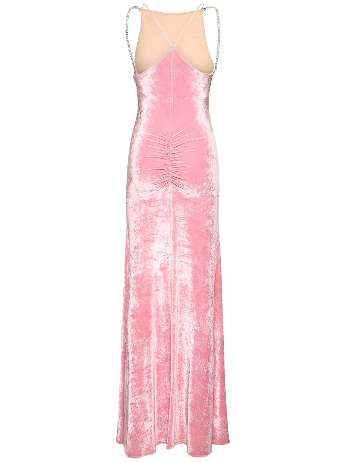 Shop Rabanne Embellished Velvet Draped Long Dress In Pink