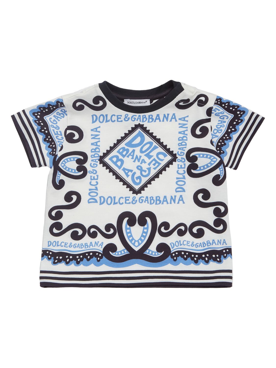 Dolce & Gabbana Kids' Bedrucktes T-shirt Aus Baumwolljersey In Weiss,blau