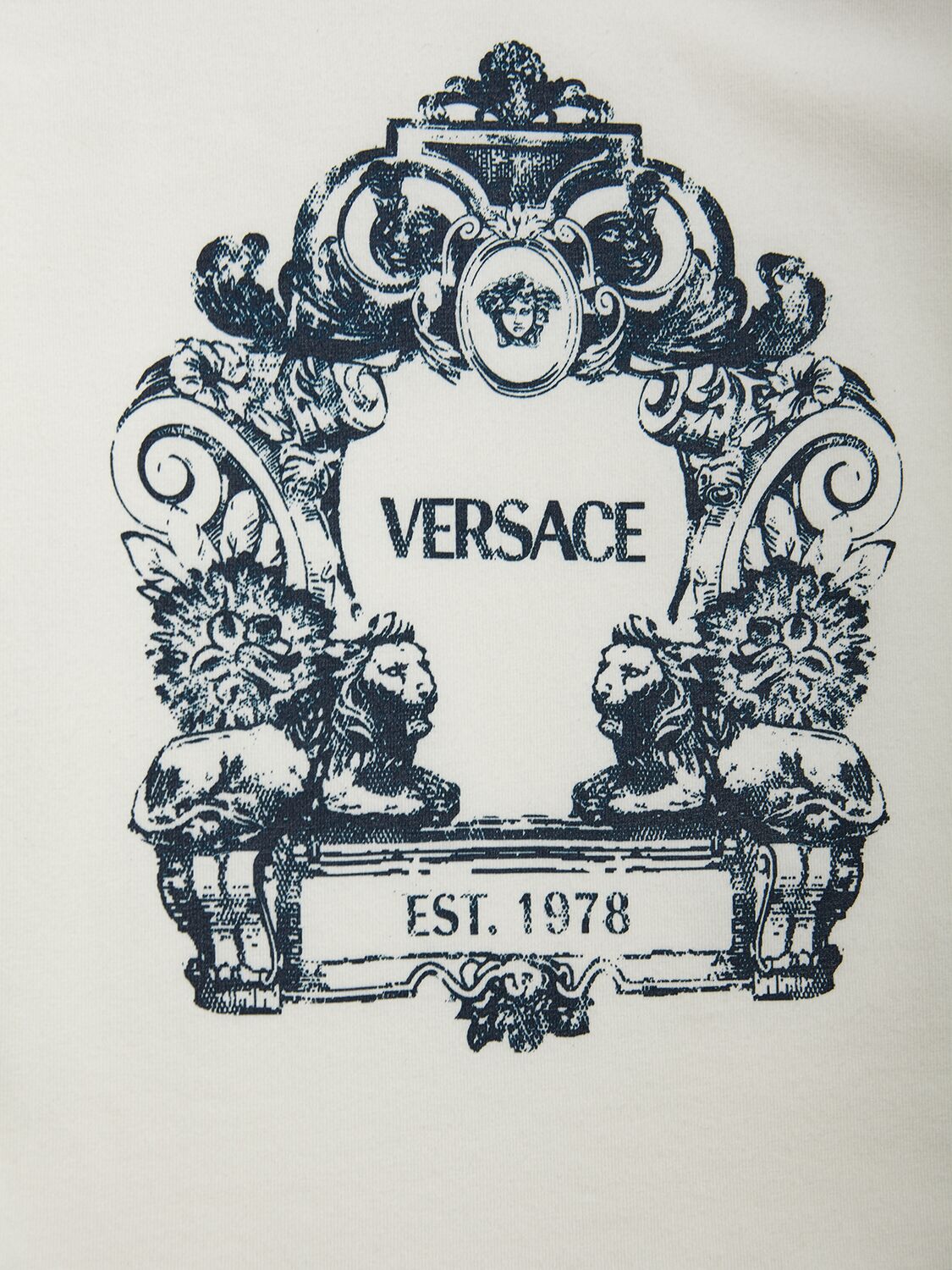 Shop Versace Printed Logo Cotton Jersey T-shirt In Weiss,navy