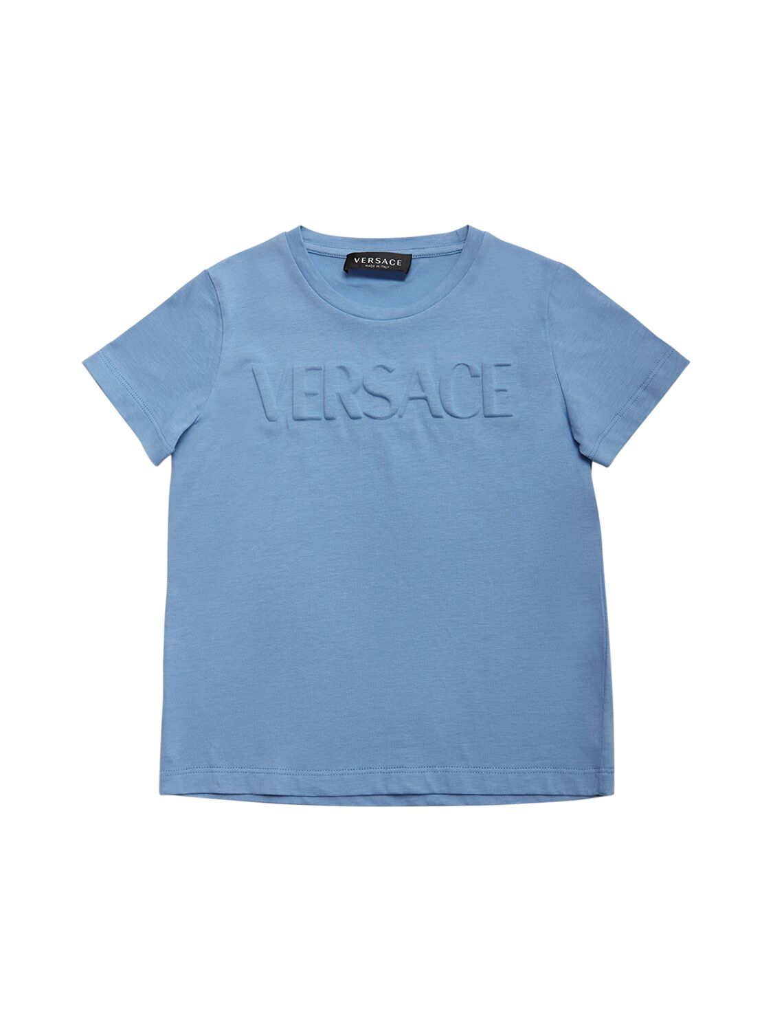 Versace Kids' Embossed Logo Cotton Jersey T-shirt In Hellblau