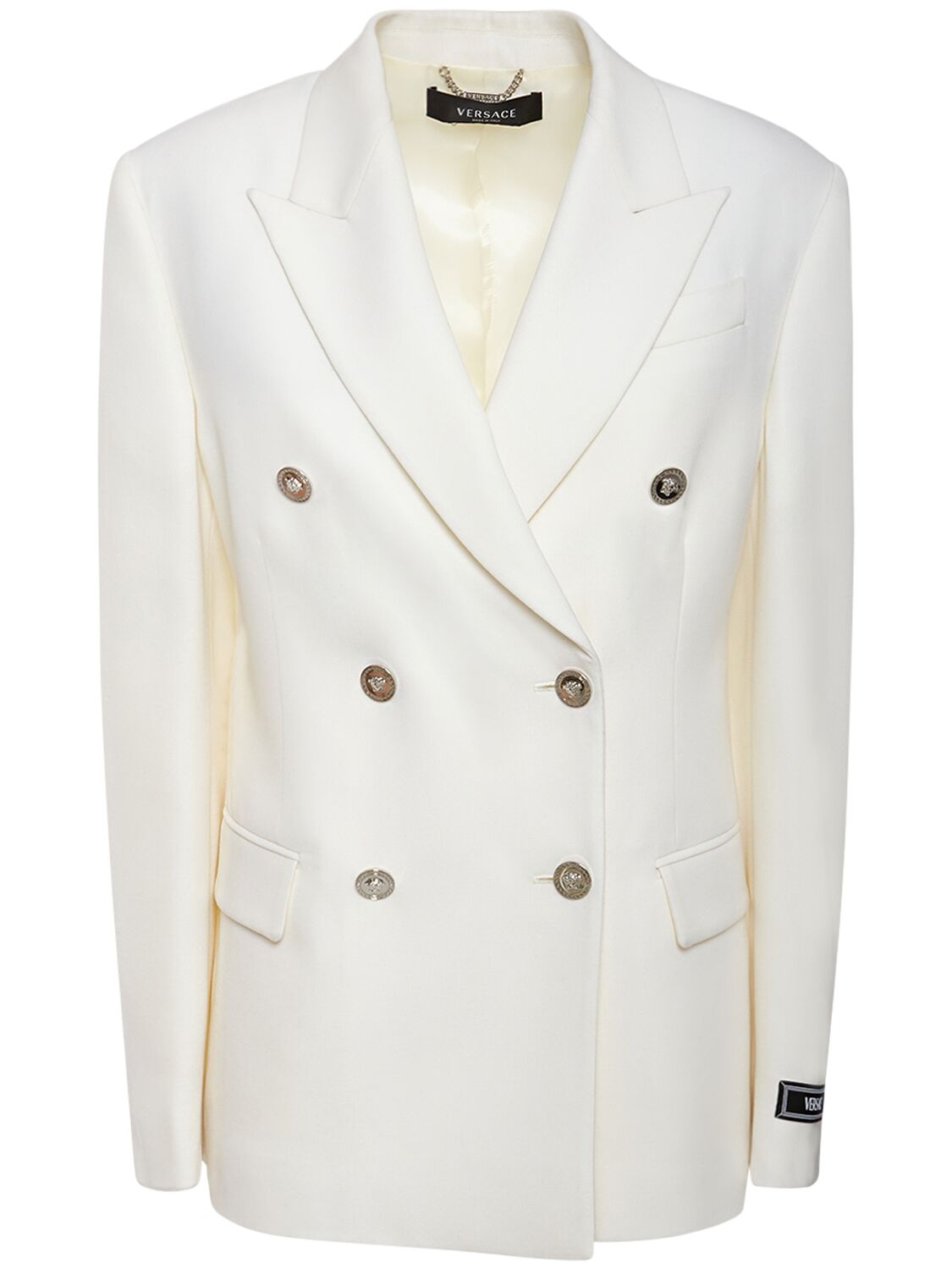 Versace Double Breast Stretch Wool Jacket In Ivory