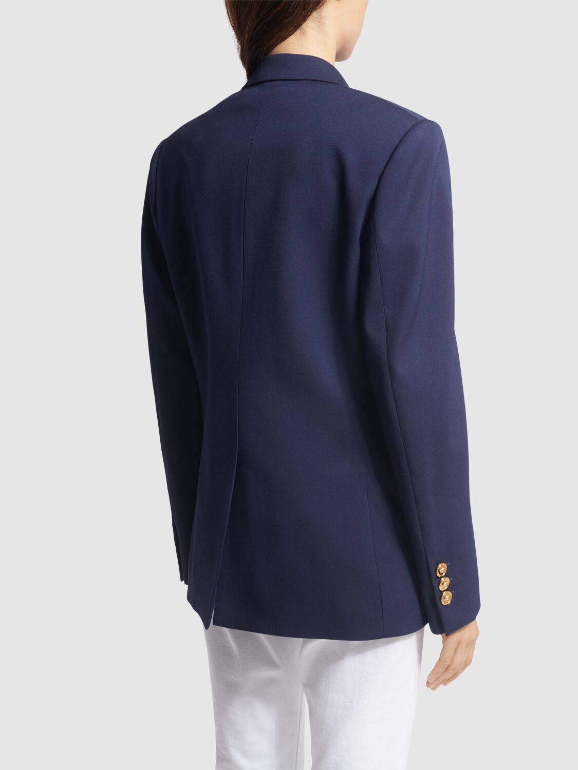 Shop Versace Stretch Wool Double Breast Jacket In Navy