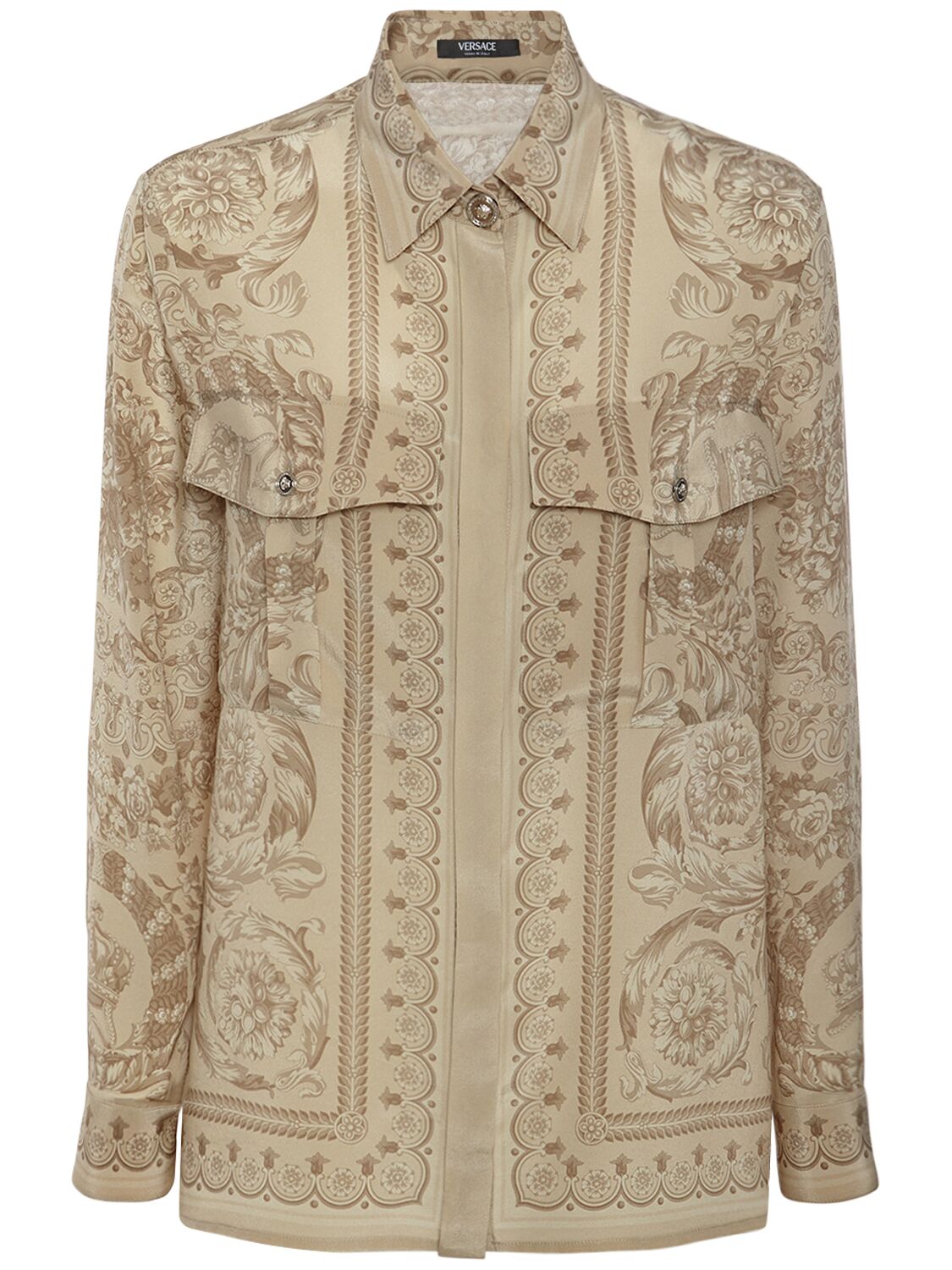 Shop Versace Barocco Printed Crepe De Chine Shirt In Multi,beige