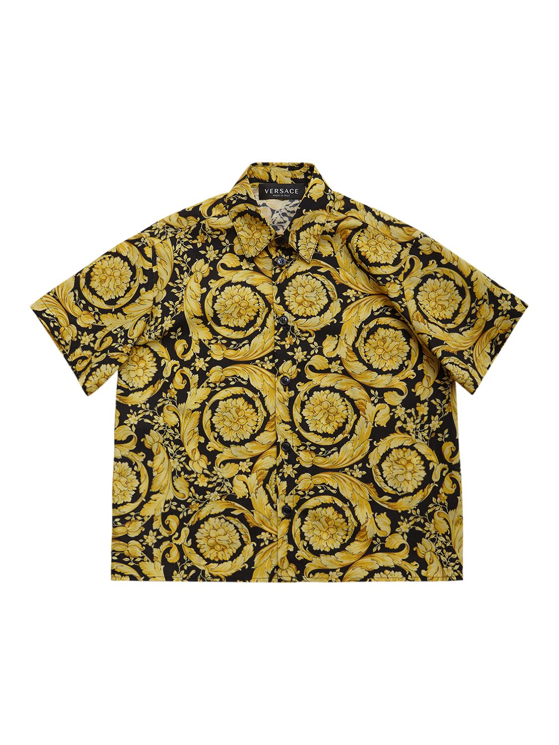 Versace Kids' Baroque Print Cotton Poplin S/s Shirt In Schwarz,gold