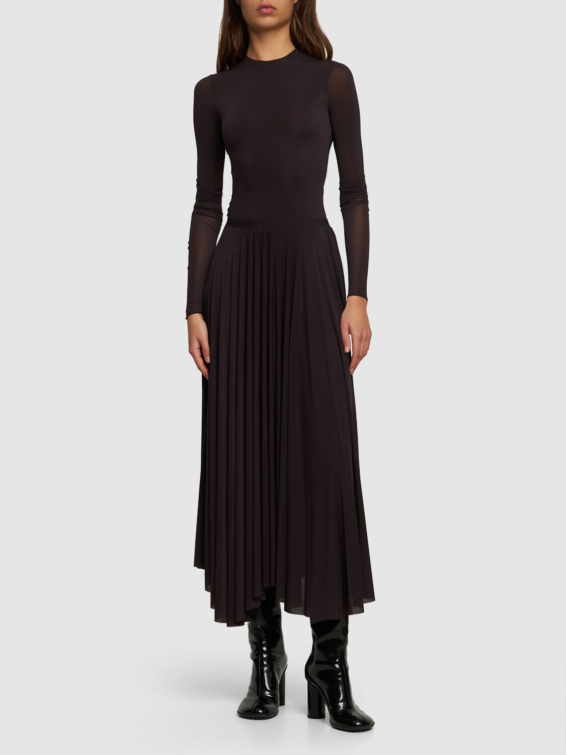 Shop Philosophy Di Lorenzo Serafini Flared Jersey Viscose Midi Skirt In Brown