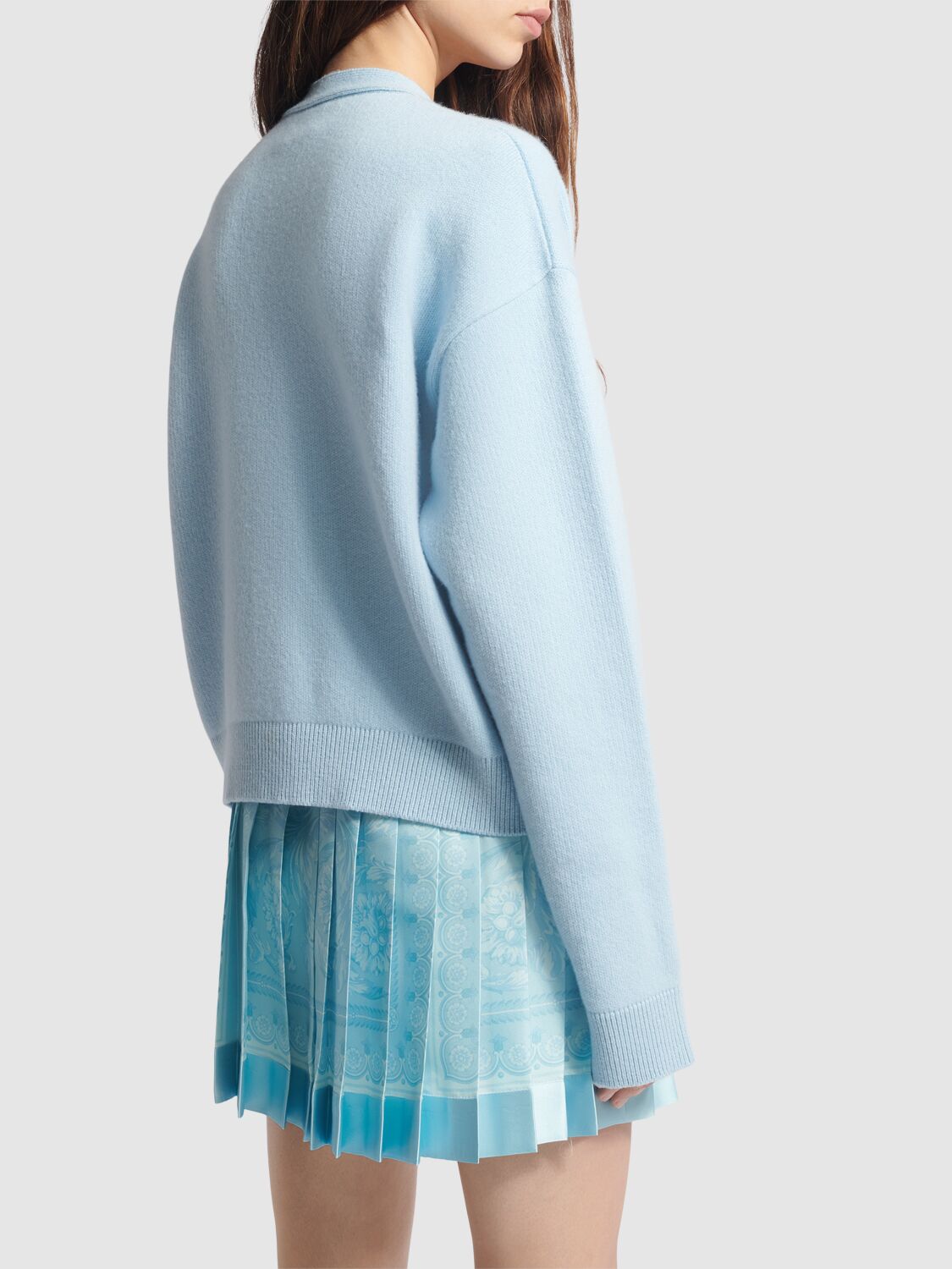 Shop Versace Embellished Cashmere Knit Cardigan In Light Blue