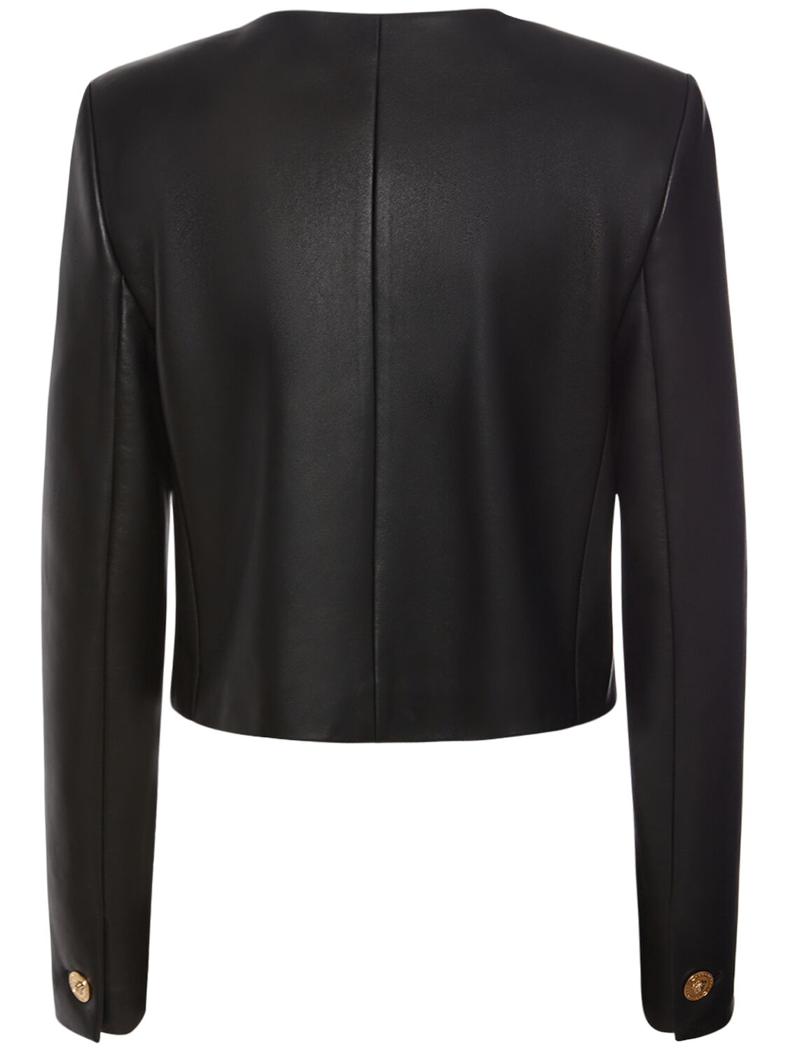 Shop Versace Leather Button Down Jacket In Black