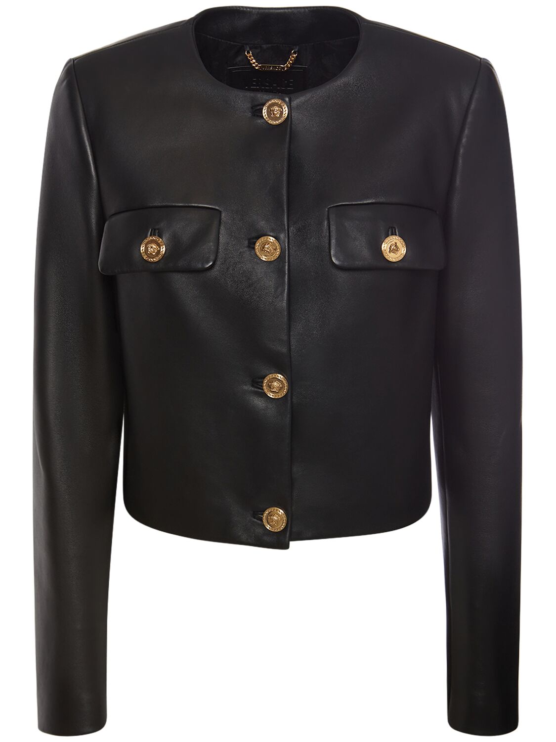Versace Leather Button Down Jacket In Black