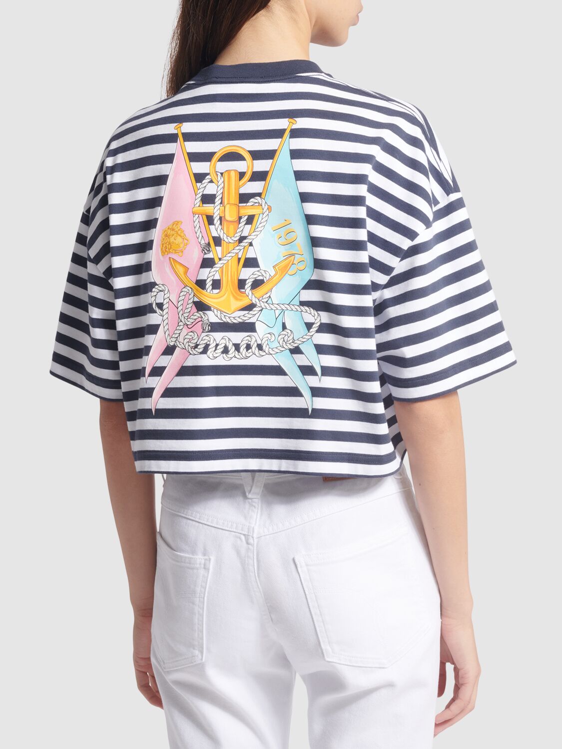 Shop Versace Striped Jersey Crop T-shirt In White,navy