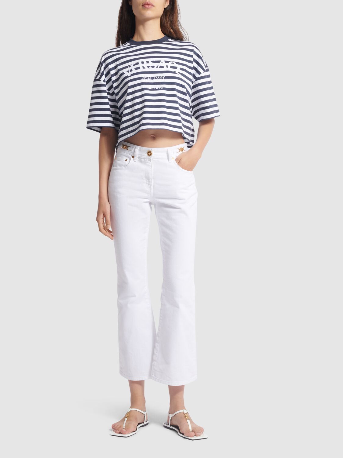 Shop Versace Striped Jersey Crop T-shirt In White,navy